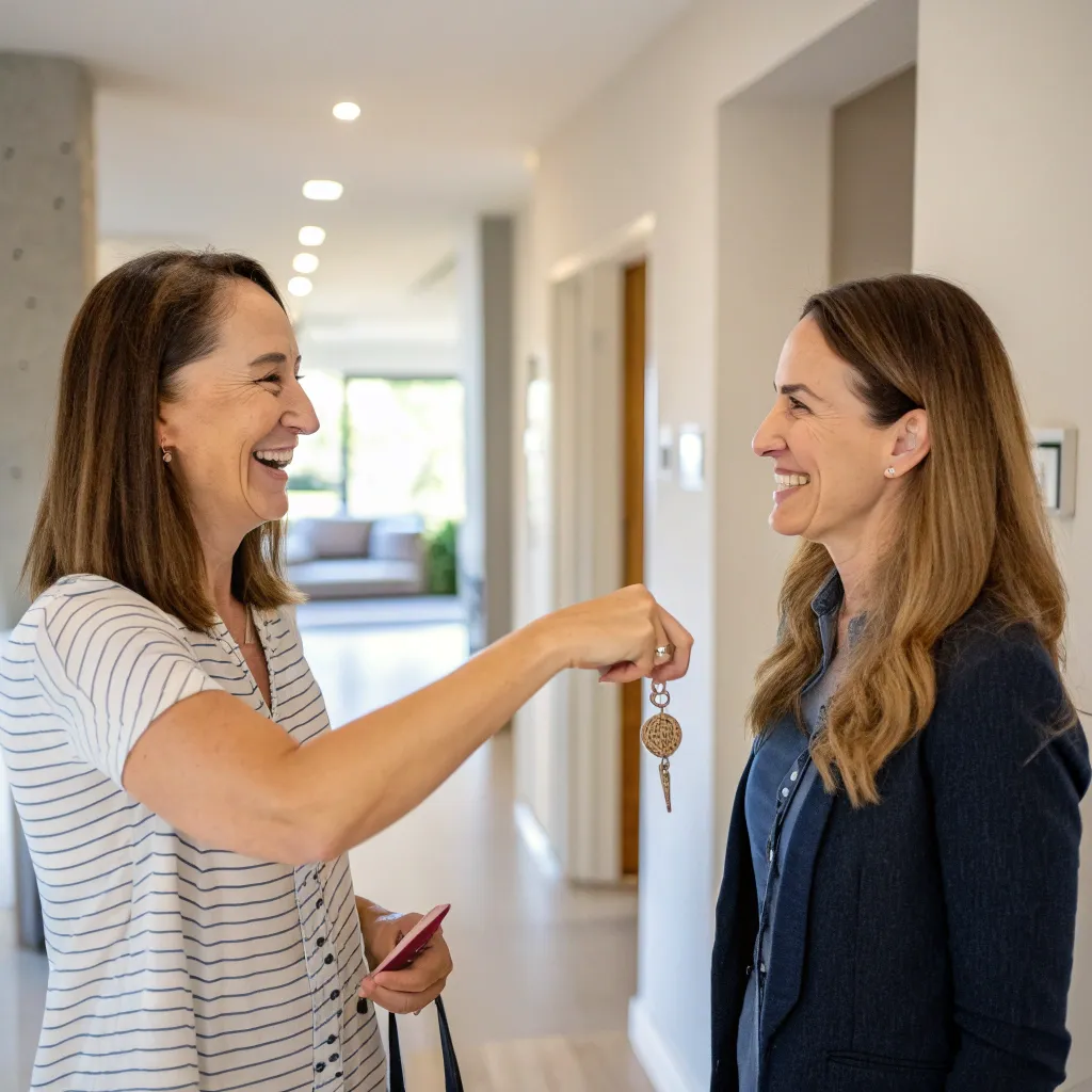 Mother Sarah Lee receiving new house keys from KALTHERIN